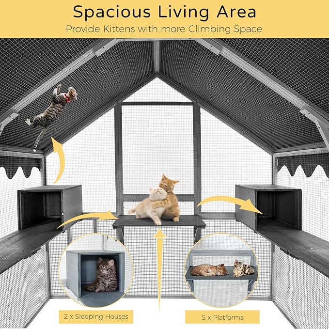Catio Outdoor Cat Enclosure House Large for Multiple Cats, Wooden Cat Condo Cage for Outside with Waterproof Roof, Playpen, Resting Box, Platform, Bridges, Doors, 74”x57”x74”, Gray
