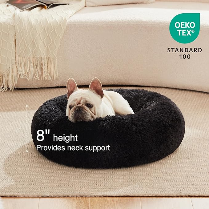 Love's cabin Calming Cat Bed for Indoor Cats,Anti-Anxiety Donut Round Dog Bed,Fluffy Faux Fur Washable Pet Bed for Small Medium Dogs and Cats,Black,20in