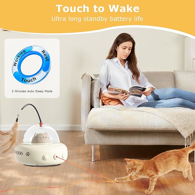 hooroor 2-in-1 UFO Laser Cat Toy – Automatic Motion with Feather, Rechargeable Smart Sensor Interactive Toy for Indoor Cats & Dogs, Fun Exercise & Play, Perfect Pet Gift