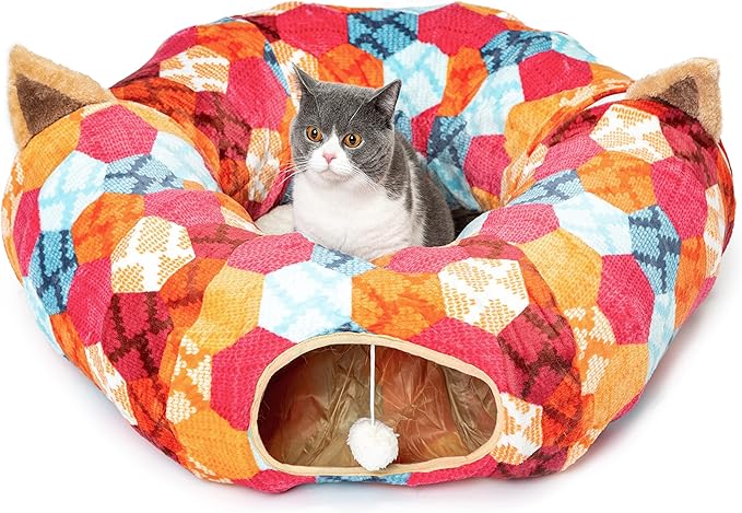 AUOON Cute Cat Donut Tunnel - Interactive Cat Tunnel Bed for Indoor Cats Kitten Kitty Puppy Rabbit Ferret (Orange)