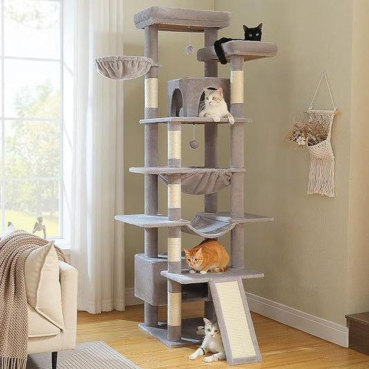81 Inches Tall Cat Tree for Indoor Cats Large Adult - Heavy Duty Multi-Level Cat Tower with Large Metal Frame Hammock, Scratching Pad, 2 Top Perches, 2 Cozy Condos & 6 Scratching Posts - Gray