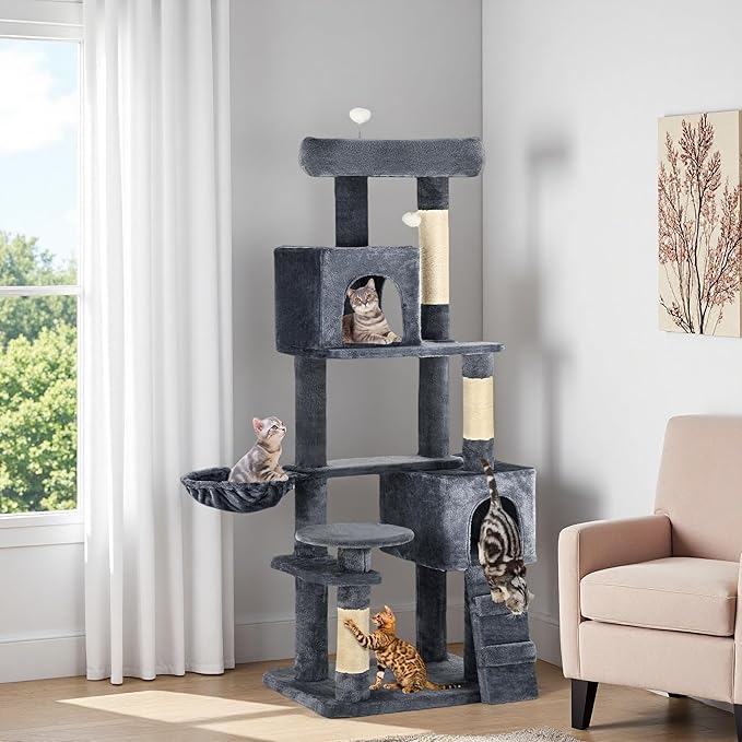 YITAHOME 70.8-Inch Tall Cat Tree Indoor: Multi-Level Kitten Tower with Kitty Condos, Top Perches, Scratching Posts & Cozy Basket Pet Play House Dark Gray