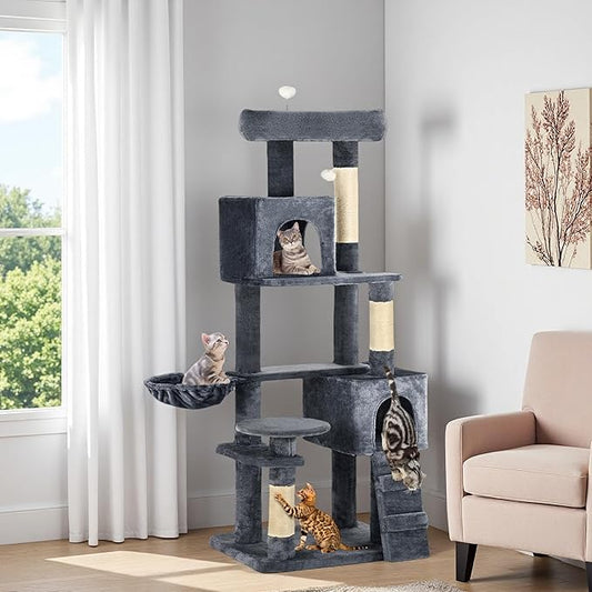 YITAHOME 70.8-Inch Tall Cat Tree Indoor: Multi-Level Kitten Tower with Kitty Condos, Top Perches, Scratching Posts & Cozy Basket Pet Play House Dark Gray