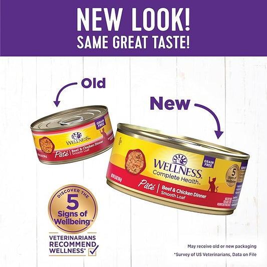Wellness Complete Health Pate Adult Wet Cat Food, Natural, Protein-Rich, Grain Free, 5.5 Ounce, 24 Pack, (Beef & Chicken)