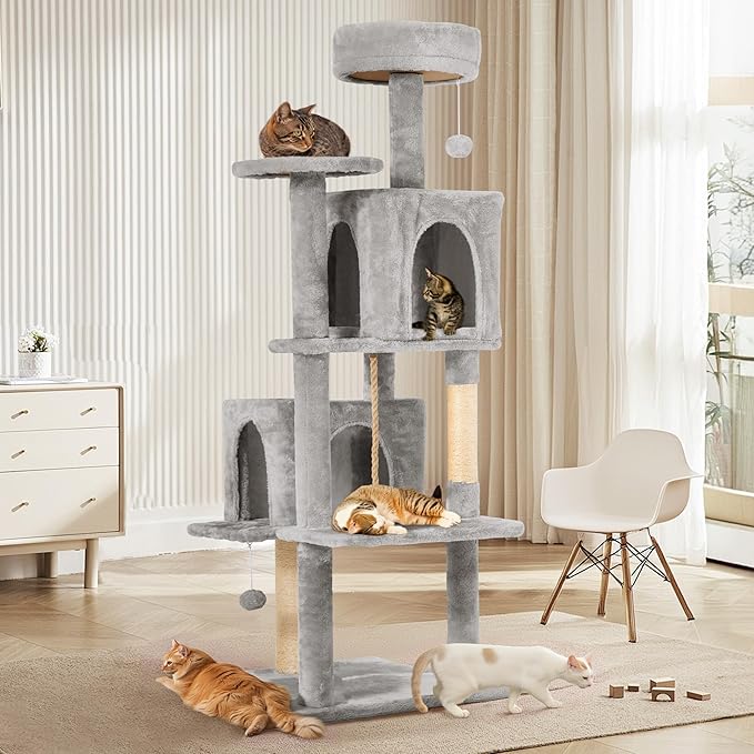 58.5inch Large Cat Tree Tower Condo for Indoor Cats, Soft Plush Multi-Level Climbing Tree Cat House with 1 360° Rotating Cat Cave, Scratching Post, More Entrance/Exit, Sisal Rope, Light Grey