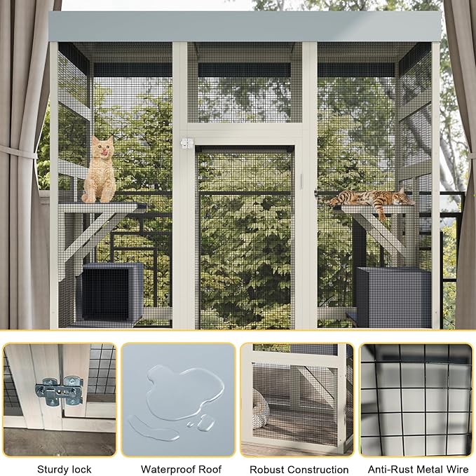 70inch Catio Outdoor Cat Enclosure, Outdoor Catio Condo Enclosure, Wooden Cats Cage, Large Outside Cats House Weatherproof with 5 Platforms and 2 Resting Boxes.