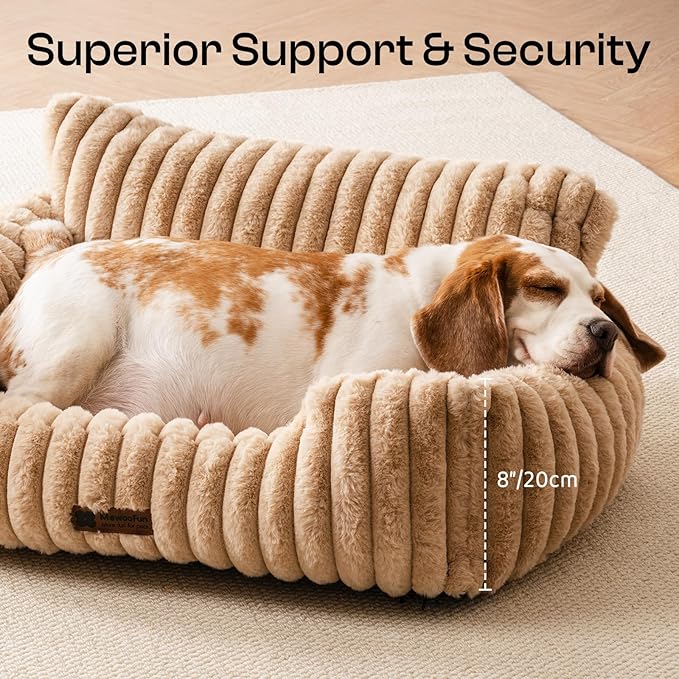 MEWOOFUN Dog Couch Bed, Fluffy Small Dog Bed with Removable Washable Cover, Supportive Cat Couch for Cats & Dogs up to 25 lbs (Camel, 30x21x12)