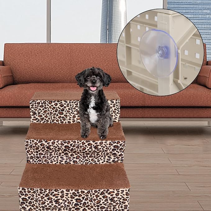yofit Doggy Steps - Non-Slip 3 Steps Pet Stairs for Cats and Dogs, Foldable Plastic with Washable Carpet Holds Up to 50 lbs (Leopard)