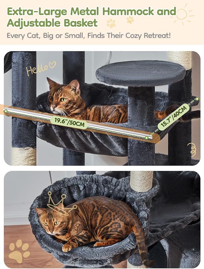 Taoqimiao 76-Inch Cat Tree with Scratching Posts,XXL Cat Tower for Large Cats with Cat Scratching Board,Extra-Large Metal Hammock,3 Perches, 2 Big Condos, Hanging Basket,MS047G,Smoke Gray