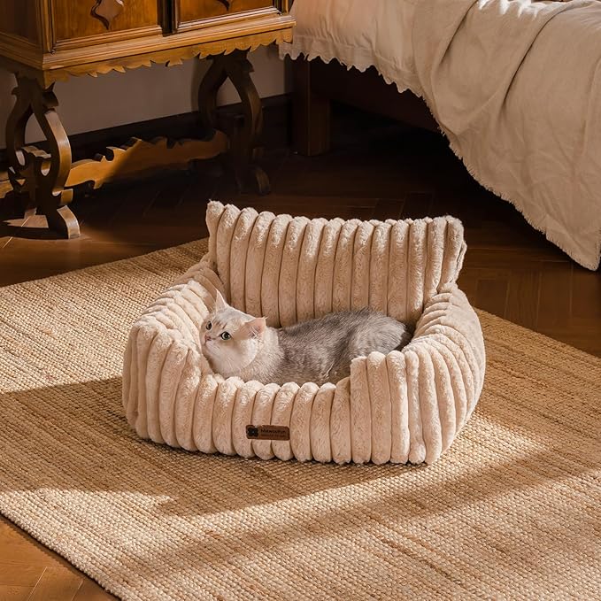 MEWOOFUN Cat Beds for Indoor Cats, Fluffy Cat Couch with Removable Washable Cover, Supportive Small Dog Beds for Puppy & Kitten up to 15 lbs (Camel, 24x19x12)