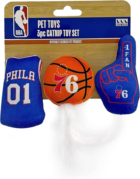 Best Plush CAT Toy - NBA 76ERS Complete Set of 3 Piece Cat Toys Filled with Fresh Catnip. Includes: 1 Jersey Cat Toy, 1 Basketball Cat Toy with Feathers & 1#1 Fan Cat Toy. Beautiful Team Logos