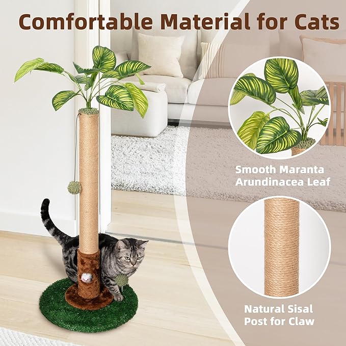 Meowoou Cat Scratching Post for Indoor Cats with Cat Toy Mouse Hole and Interactive Hanging Ball,32 inch Tall Cat Scratcher Palm Cat Tree Tower with Sisal Rope for Indoor Kitten