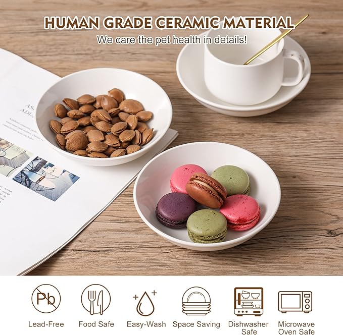 Ceramic Cat Dishes for Food - Cute Cat Bowl Set of 6 - Wide, Shallow, Whisker Friendly - Minimalist Style - Microwave and Dishwasher Safe - 8.5 oz - 5.75 inch