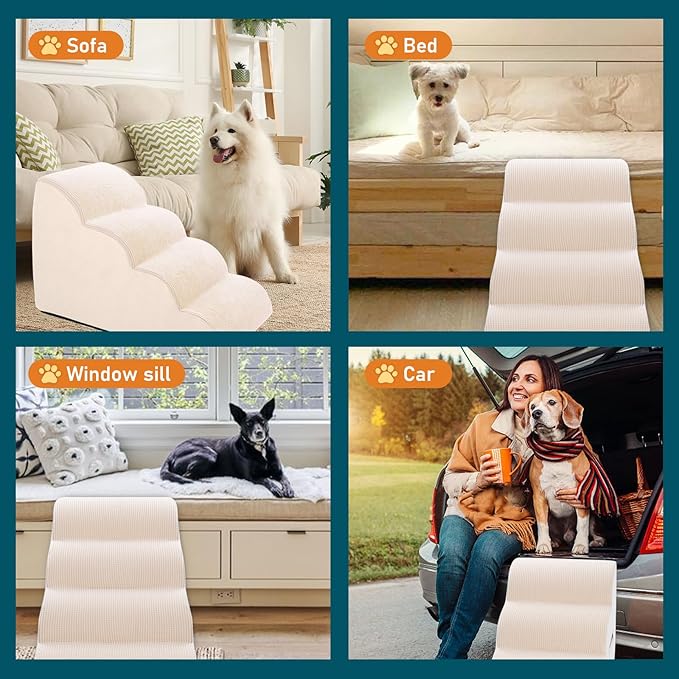 Steps for Small Dog, Dog Stairs for High Beds and Couch, 20" 4-Step High Density Foam Pet Stairs for Dogs Injured, Older Dogs Cats, Pet with Joint Pain (Beige)