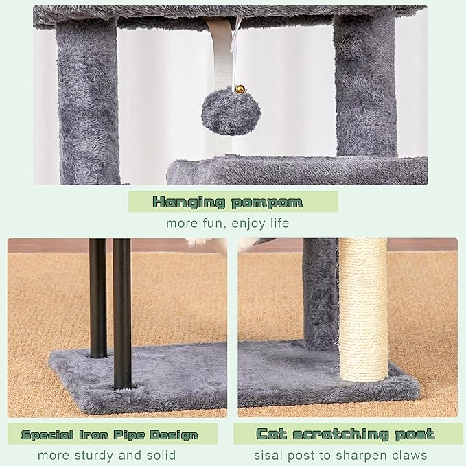 Cat Tree, Cat Tower for Indoor Cats, 43.3 inch Cat Tree Tower with Sturdy Steel Tube, Hammock, Cat Condo for Small Cats and Kittens, Scratching Post, Smoky Gray GCT004SG