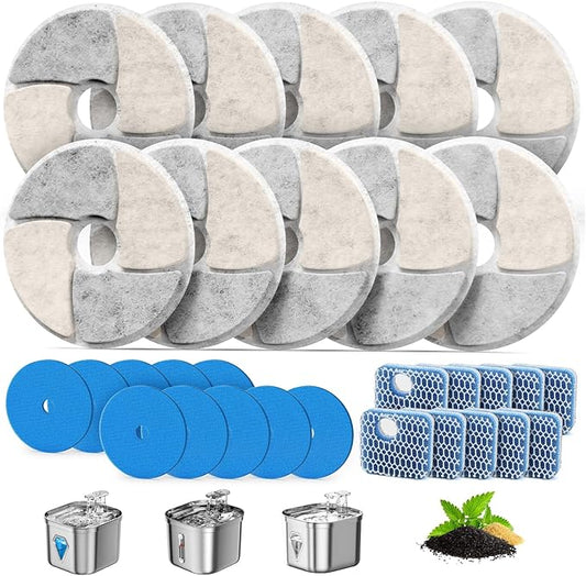 Cat Pet Water Fountain Filters, 10 Pack Replacement Filters Fit for Square 2.2L/73oz Automatic Pet Fountain, Diameter 4.1 Inch Filter with Triple Filtration System (10+10+10)