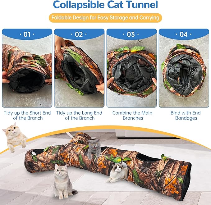 Cat Tunnel,59" Large Y-Shape Cat Cave with 3 Rustle Channels & Leaves, Portable Cat Bed Toy for Indoor Kittens & Small Pets to Chase and Play, Easy Storage (Brown)