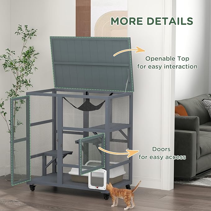 PawHut Indoor Wooden Catio, Cat House Cat Enclosure on Wheels with 3 Platforms, Hammock, Cat Flap Door & Openable Top, Luxury Kitty House for 2 Cats, 39", Light Gray