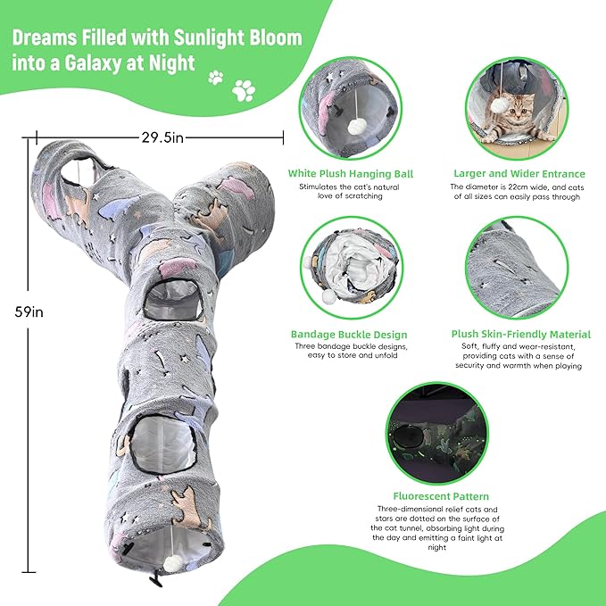 Cat Tunnel for Indoor Cats,Tree Trunk Cat Tunnels with Plush Ball Toys Collapsible,Stars, Moon Shape Self-Luminous, for Indoor Cats,Pets Bunny Rabbits, Kittens, Ferrets