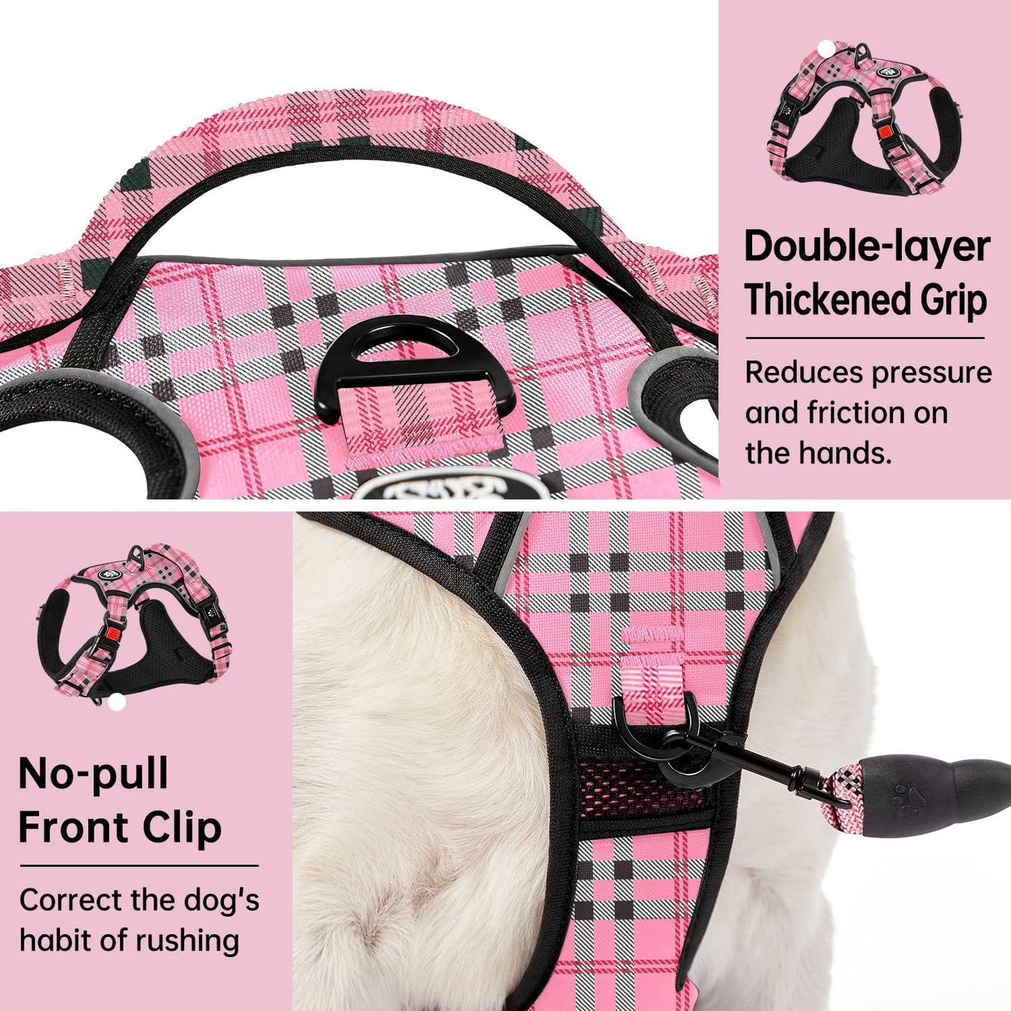 IVY&LANE No Pull Dog Harness with Leash Set, Reflective No Choke Pet Vest,Adjustable Oxford Dog Vest Harness with Easy Control Handle for Small Dogs (Checkered Pink,S)