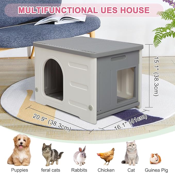 Hicaptain Cat Houses for Indoor Cats with Escape Door Plastic Outdoor Cat House Puppy Feral Cat Shelter for Small Medium Pets-Grey