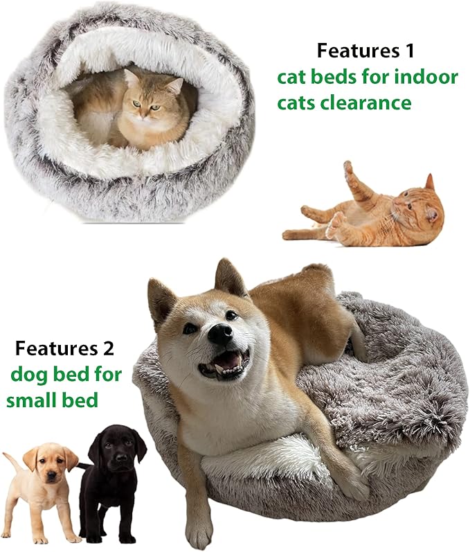 ShinHye Cozy Cat Bed - Round Plush Fluffy Hooded Cave, Indoor/Outdoor, Waterproof & Washable (20x20inch, Coffee)