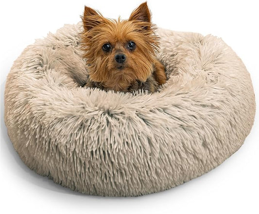 Best Friends by Sheri Original Calming Donut Dog and Cat Bed, Shag Faux Fur, Taupe, XS (18in x 18in) - Anxiety Relief for Pets Up to 10 lbs
