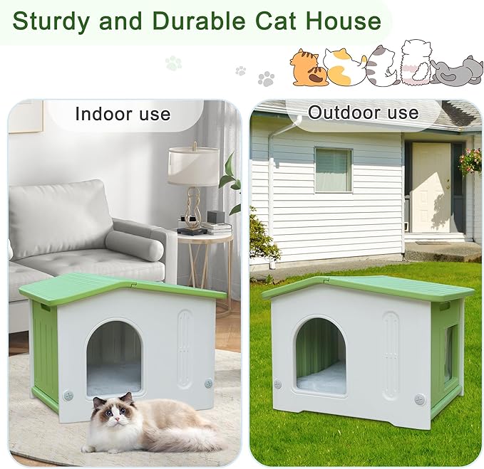Rockever Plastic Outdoor Cat House with Escape Door, Waterproof Cat Shelters for Feral Cats Indoor Cat House with Mat, Sturdy Cat House for Outdoor Cats, Assemble Easily-Green
