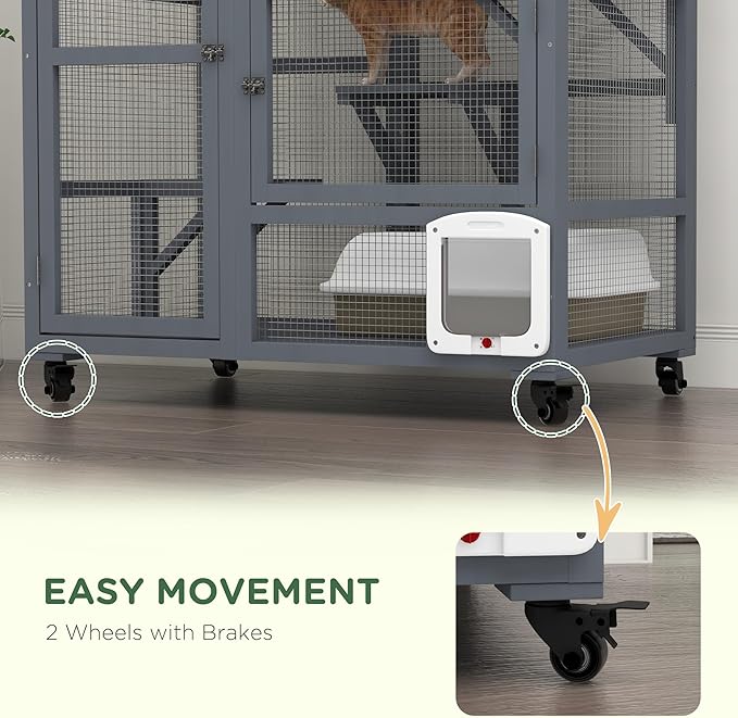 PawHut Indoor Wooden Catio, Cat House Cat Enclosure on Wheels with 3 Platforms, Hammock, Cat Flap Door & Openable Top, Luxury Kitty House for 2 Cats, 39", Light Gray