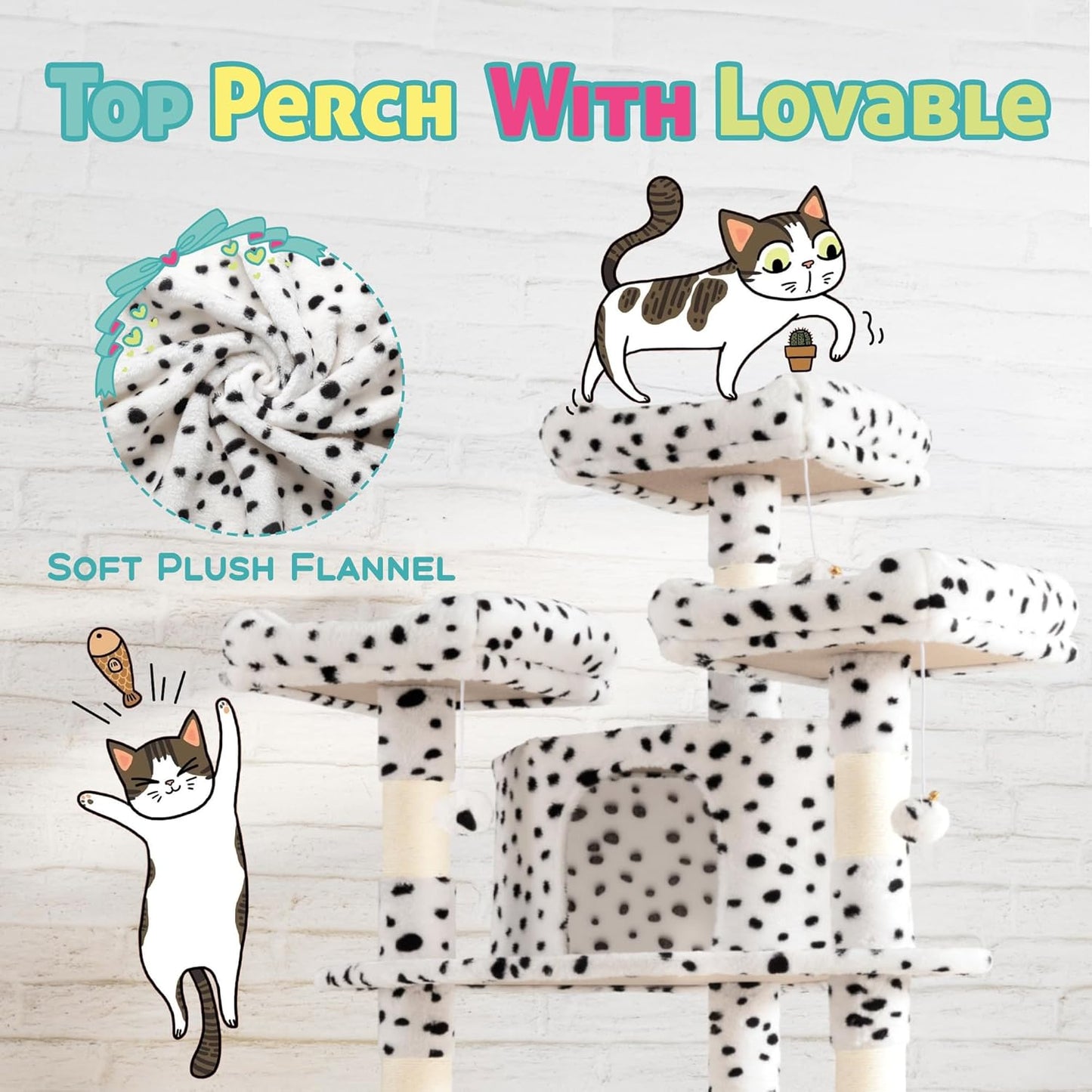 SHA CERLIN 73in Fan-Shaped Corner Cat Tower for Save Space/Multi-Level Tall Tree for Indoor Kitties/Condo with Baskets/Cozy Perches/Sisal Scratching Posts/Pet Activity House/White & Black Spot