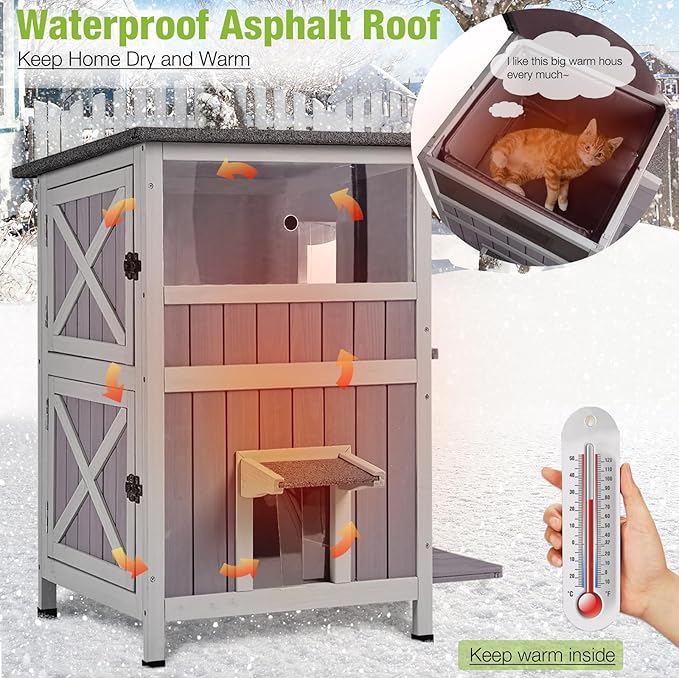 Cat House with Insulated Liner Feral Kitty Shelter Ourdoor & Indoor Cat Cage with Waterproof Roof, 2 Large Side Doors