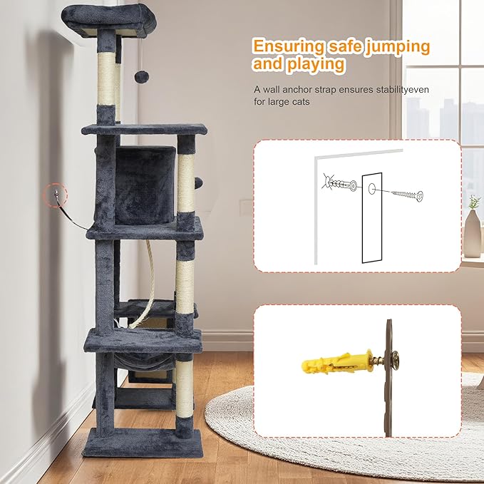 Large Cat Tree,65-inch Tall Multi-Level Cat Tower with Sisal-Covered Scratching Posts, Condo, Hammock, Dangling Ball,Grey