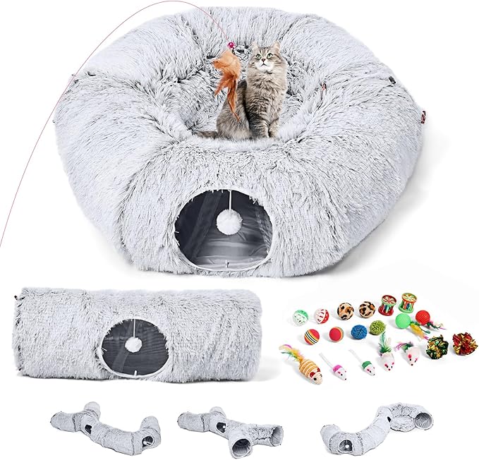 Odoland 5 Shapes Cat Tunnels with Fluffy Bed - Indoor Cats Cave Tunnels with 20 Pet Toys, DIY Kittens Donut Tunnel and Variety Kitten Toy Set for Puppy Rabbit