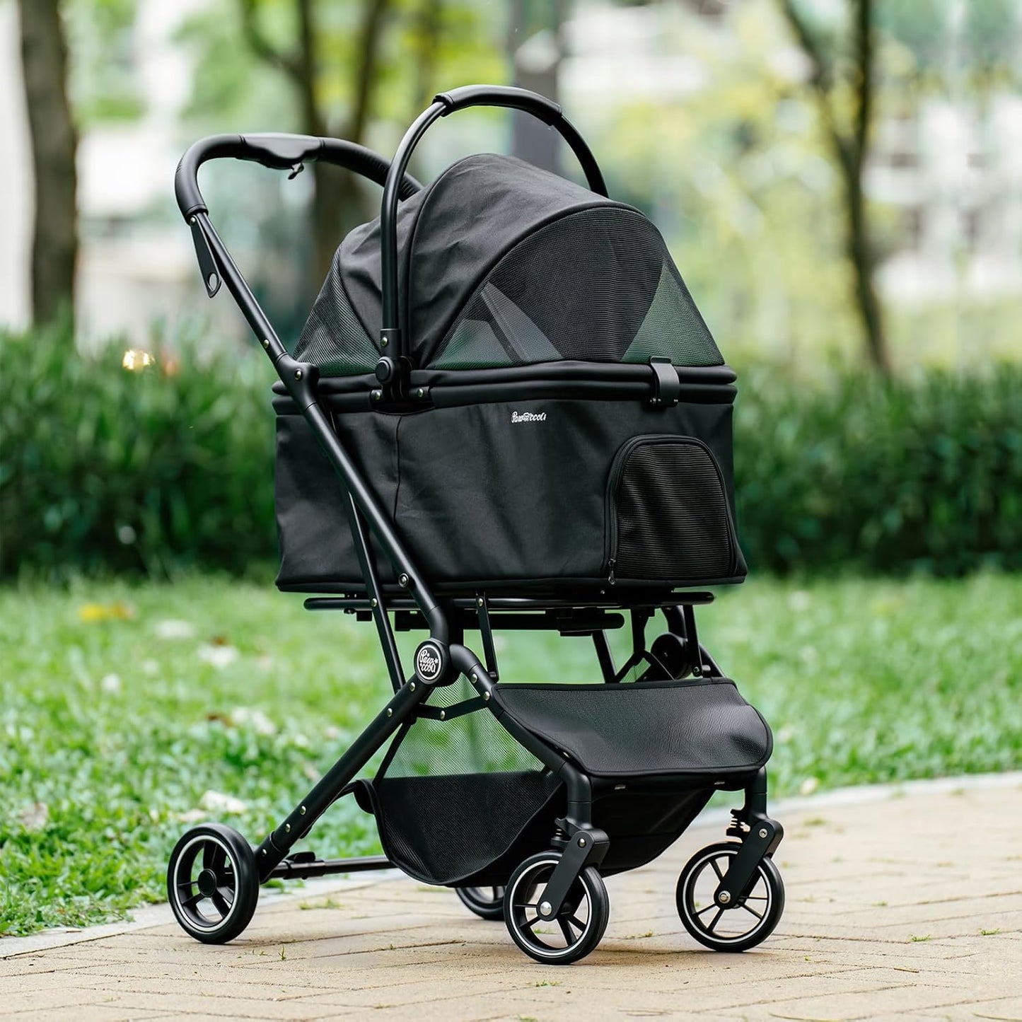 4 Wheels Pet Stroller, Dog Stroller for Small/Medium Dogs and Cats up to 33 lbs, One-Click Fold & Draggable, Removable Carrier, Zipperless Entry, Mesh Windows, Black