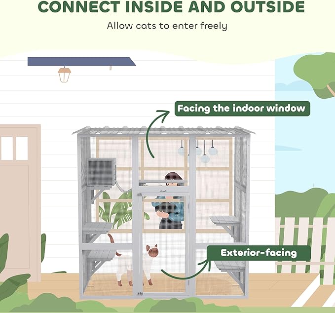 PawHut Catio Outdoor Cat Enclosure Window Box, Wooden Cat House Playground with Scratching Posts, Weather Protection Roof for 1-2 Kitties, Resting Boxes, 68" x 35.5" x 70.5", White