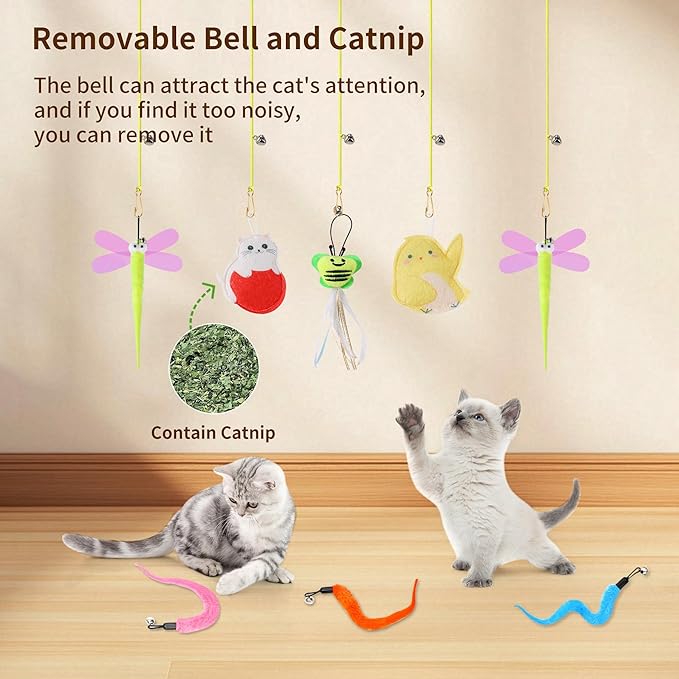 Interactive Cat Feather Toys 8Pcs,Interactive Wand,Cat Teaser Retractable,Indoor cat Hanging Interactive Toy Suitable for Bored Adult Cats and Kittens Play Chase Exercise