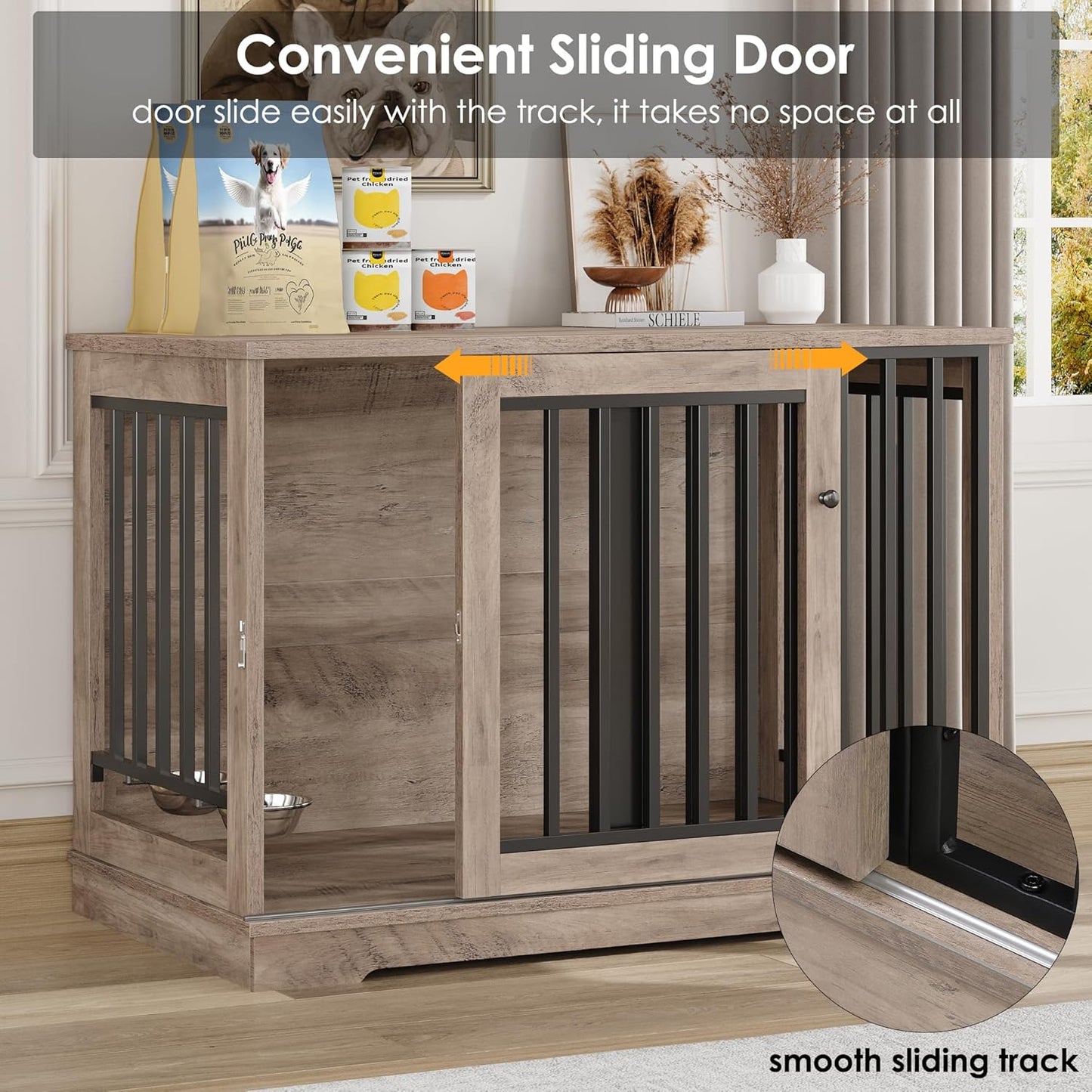 Dog Crate Furniture 47” Large Dog Kennel for Dogs Indoor, Heavy Duty Dog Cage with Sliding Door and 2 SUS Bowls Wooden End Table in Living Room for Small Medium Large Dogs, Rustic