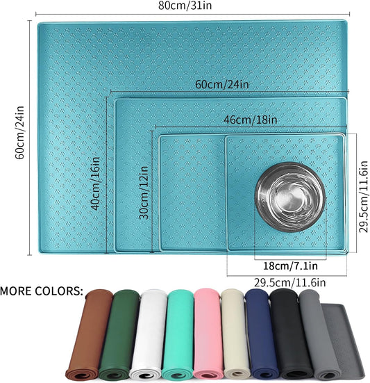 Ptlom Dog Food Mat Anti-Slip Bowl Mats for Food and Water, Waterproof Silicone Pet Placemat with High Raised Edges, Non-Slip Puppy Feeding Tray for Small, Medium Large Cats Dogs, Blue, 11.8"x11.8"