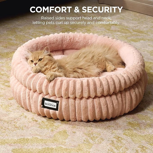 BALANCE Cat Bed Kitten Bed, Washable Round Cat Beds for Indoor Cats,Super Soft Plush Faux Fur Pet Bed for Puppy and Kitten with Anti-Slip Bottom