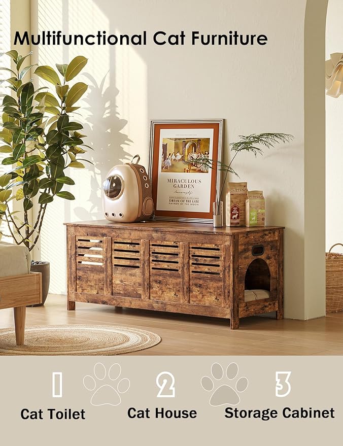 DINZI LVJ Litter Box Enclosure Furniture for 2 Cats, Top Opening Hidden Litter Box with Double Rooms, Dual Cat House with Good Ventilation, 47.2" Wooden Cat Washroom, Box Cabinet, Rustic Brown