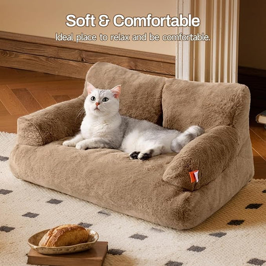 MEWOOFUN Dog Couch, Supportive Small Dog Bed for Puppy and Cats with Removable Washable Cover, Fluffy Cat Couch with Non-Slip Bottom (Camel, 26.0" L X 19.0" W X 13.0" Th)
