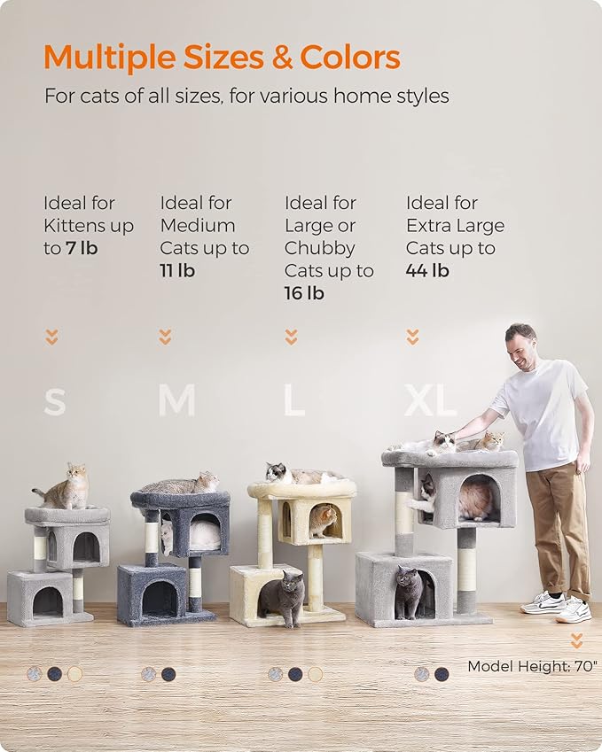 Feandrea Cat Tree, 39.8-Inch Cat Tower, XL, Cat Condo for Extra Large Cats up to 44 lb, Large Cat Perch, 2 Cat Caves, Scratching Post, Light Gray UPCT614W01