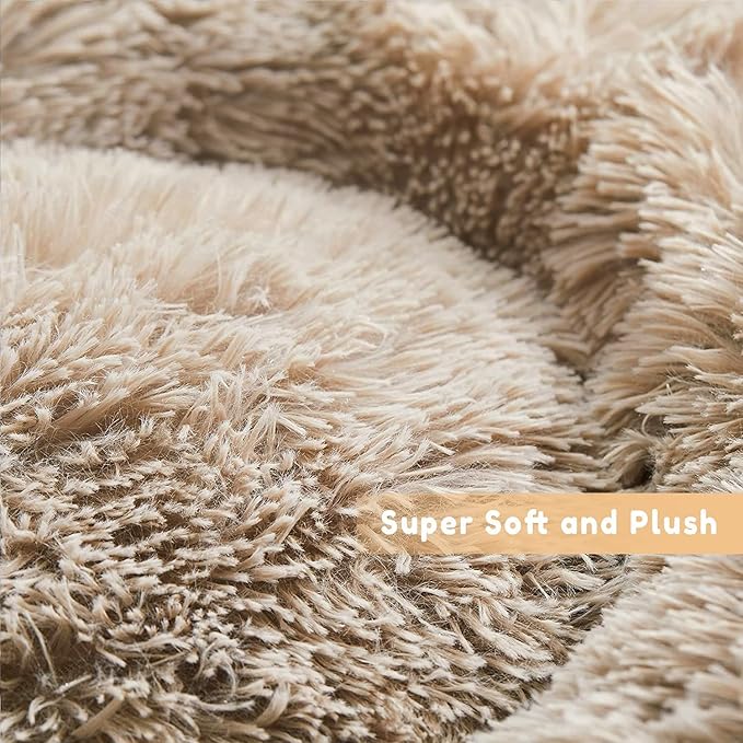 Cat Bed for Indoor Cats and Small Medium Dogs - Washable 20/24 Inches, Round Fluffy Plush Faux Fur, Anti-Anxiety, Thick Bottom (Light Brown, Medium)