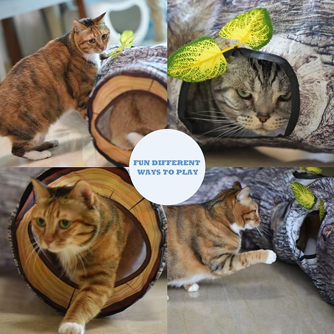 Cat Tunnels for Indoor Cats, Tree Trunk Cat Tunnel Toys, Cat Stuff Accessories for Large Cats Kitten and Other Small Animals to Chase and Play, Foldable & Easy to Store, Cat Tube Toys L 59"