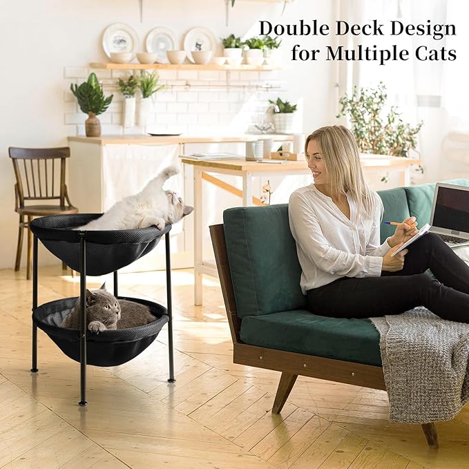 Double Cat Bed Black, Breathable Pet Bed for 2 Cats with 4 Adjustable Feet & Anti-Slip Mats, Easy Assembly Cat Hammock for Multi-cat Household, Indoors & Outdoors, 22.8 in x18.7 in x 18.7 in