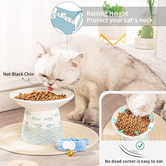 OMAYKEY 6.25 Inch Extra Wide Ceramic Raised Cat Bowls, Upgraded Elevated Porcelain Cat Food Water Bowl Dish, Stress Free Pet Feeder Bowls Dishes for Elder Big Cats & Small Dogs, Green & Orange