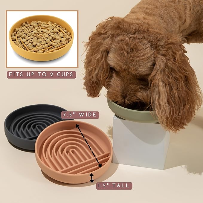 The Slowdown Bowl Silicone Slow Feeder for Dogs & Puppies, Slow Eating, Modern Lick Mat Design, Reduces Gulping, Fits 2 Cups 7.5” Across x 1.5” Tall, Mealtime Challenge, Medium-Sand
