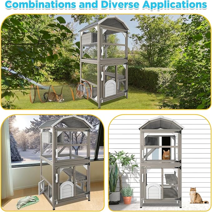 71'' Large Cat House Outdoor Catio Enclosures Indoor Kitten Cages with Attachable Window Resting Box,Waterproof Roof