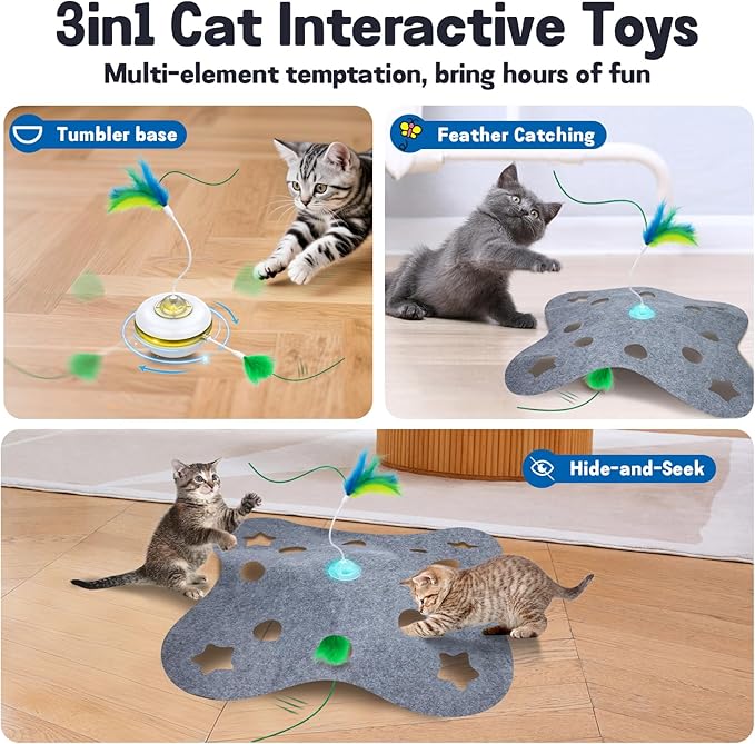 Cat Toys for Indoor Cats,Interactive Toy Hide n Seek for Kittens,Automatic Moving Wand Feather,Motion Activated Exercise Toy for Bored Cats Rechargeable (Grey)