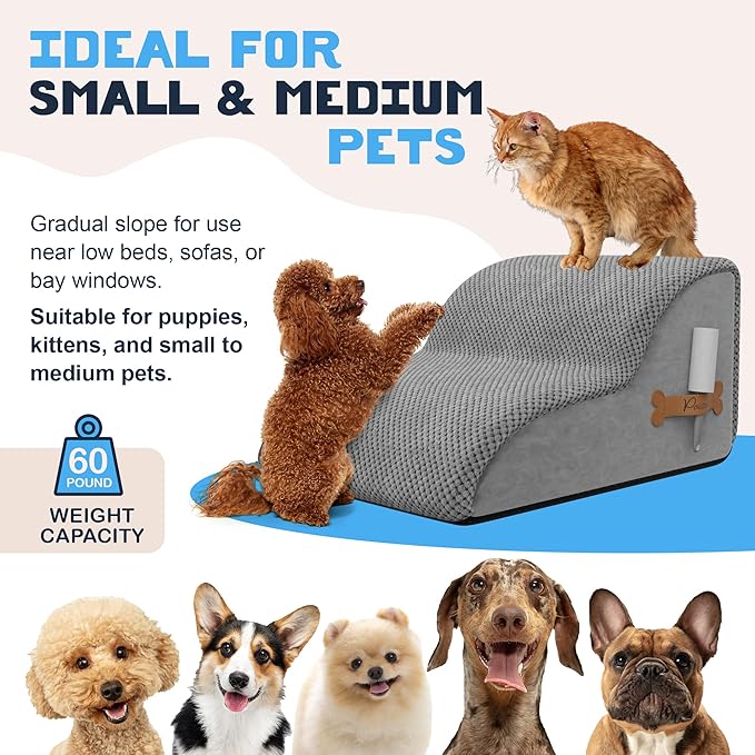 PAWZY Foam Pet Stairs for Bed, Couch or Window PREFIXED Cover - Wide Dog Steps for Bed, Waterproof, Non-Slip Base - 2 Tier Ramp, 12'' Height, Stairs for Small Dogs, Puppies, Cats -(Gray, 2 Step, 1)